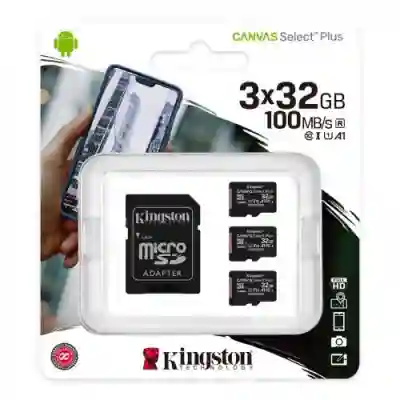 Memory Card microSDHC Kingston Canvas Select Plus 32GB, Class 10, UHS-I U1, V10, A1, 3Pack + Adaptor SD