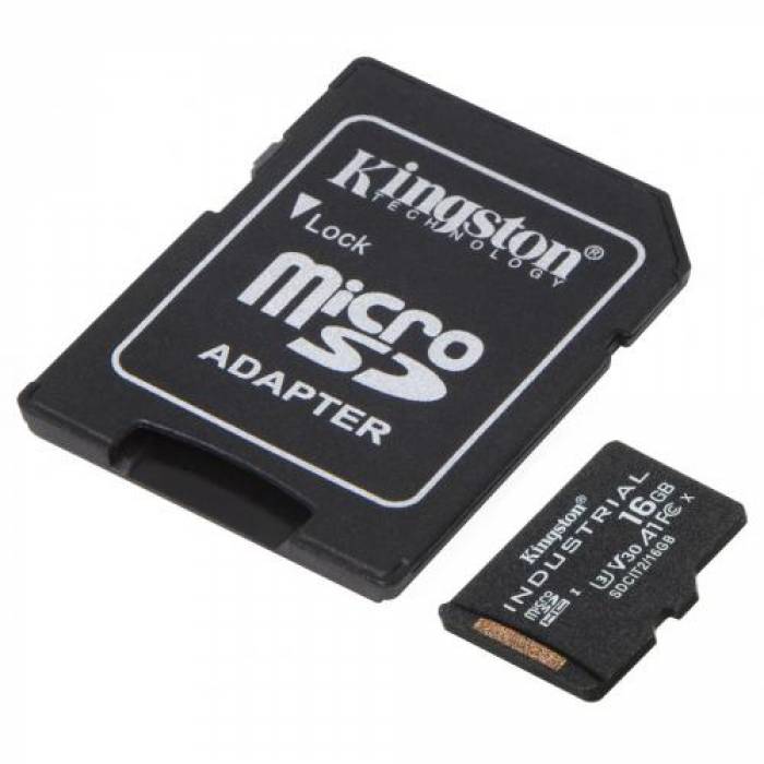 Memory Card microSDHC Kingston Industrial 16GB, Class 10, UHS-I U3, V30, A1 + Adaptor SD