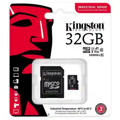 Memory Card microSDHC Kingston Industrial 32GB, Class 10, UHS-I U3, V30, A1 + Adaptor SD