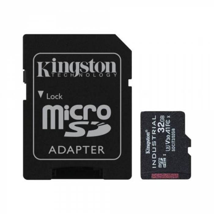 Memory Card microSDHC Kingston Industrial 32GB, Class 10, UHS-I U3, V30, A1 + Adaptor SD