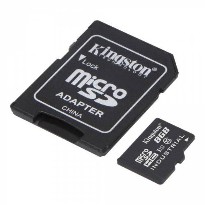 Memory Card microSDHC Kingston Industrial 8GB, Class 10, UHS-I U1 + Adaptor SD