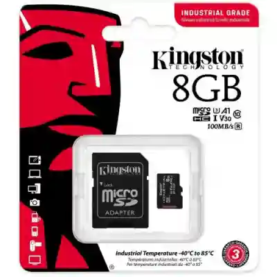 Memory Card microSDHC Kingston Industrial 8GB, Class 10, UHS-I U3, V30, A1 + Adaptor SD
