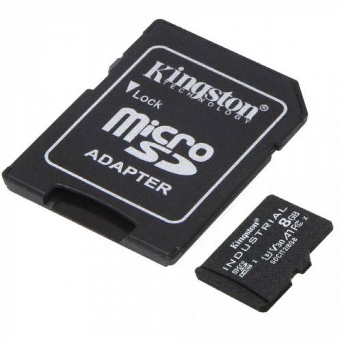 Memory Card microSDHC Kingston Industrial 8GB, Class 10, UHS-I U3, V30, A1 + Adaptor SD