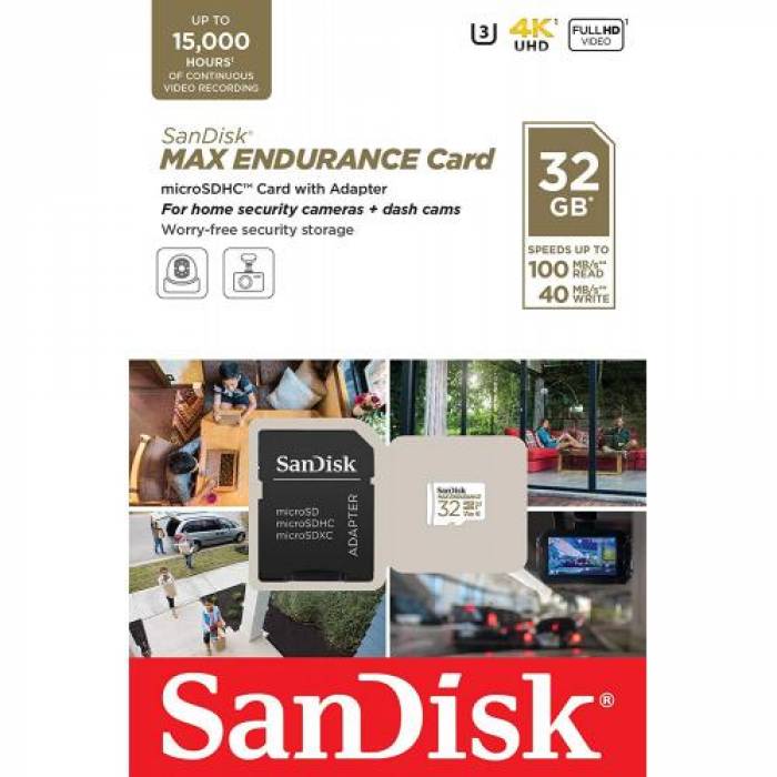 Memory Card microSDHC SanDisk by WD Max Endurance 32GB, Class 10, UHS-I U3, V30 + Adaptor SD