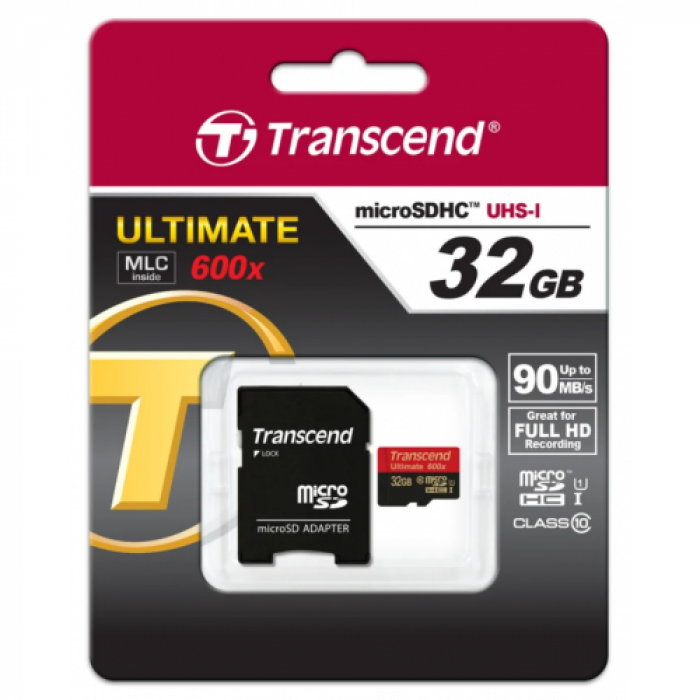 Memory Card microSDHC Transcend Ultimate 600x 32GB, Class 10, UHS-I U1 + Adaptor SD