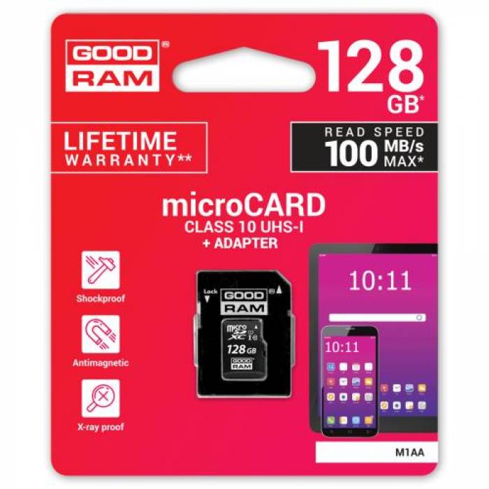 Memory Card microSDXC GOODRAM 128GB, Class 10, UHS-I U1 + Adaptor SD