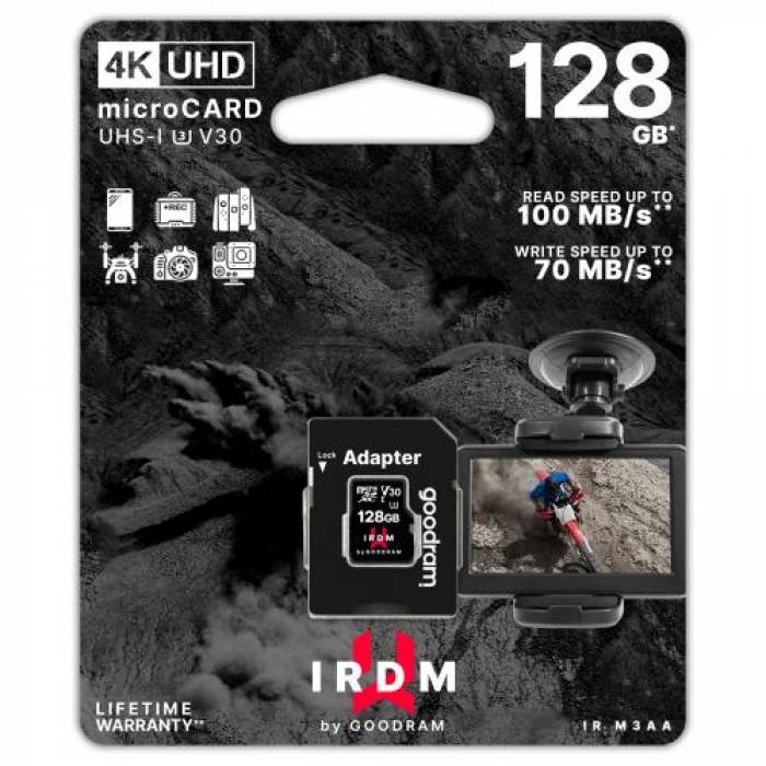 Memory Card microSDXC GOODRAM IRDM 128GB, Class 10, UHS-I U3, V30 + Adaptor SD