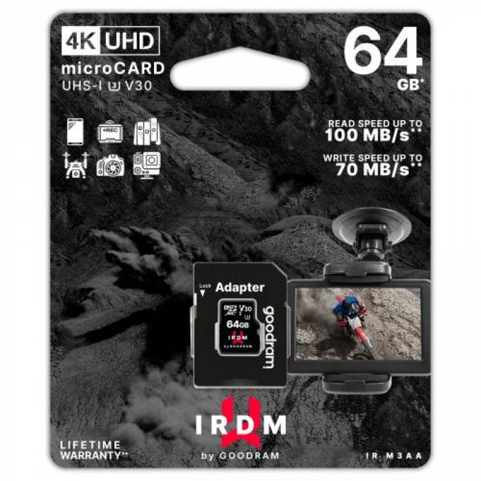 Memory Card microSDXC GOODRAM IRDM 64GB, Class 10, UHS-I U3, V30 + Adaptor SD