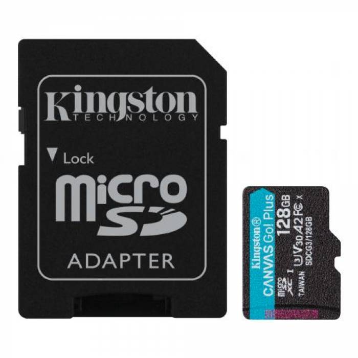 Memory Card microSDXC Kingston Canvas Go Plus 128GB, Class 10, UHS-I U3, V30, A2 + Adaptor SD
