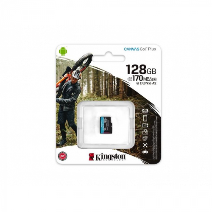 Memory Card microSDXC Kingston Canvas Go Plus 128GB, Class 10, UHS-I U3, V30, A2
