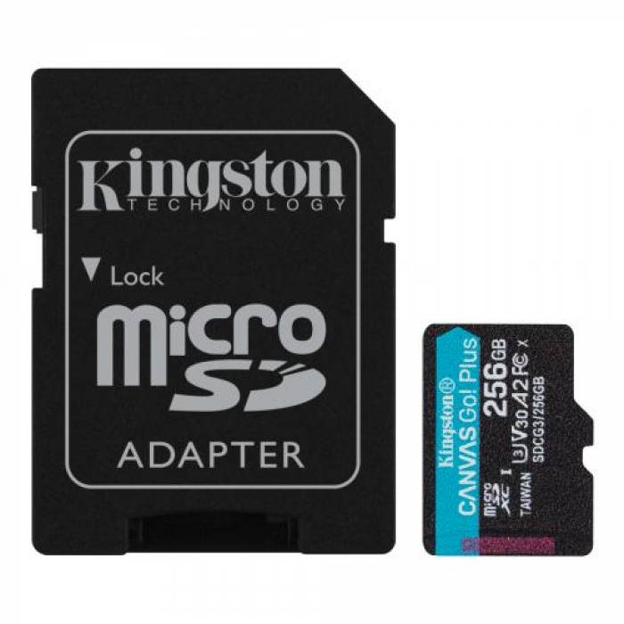 Memory Card microSDXC Kingston Canvas Go Plus 256GB, Class 10, UHS-I U3, V30, A2 + Adaptor SD