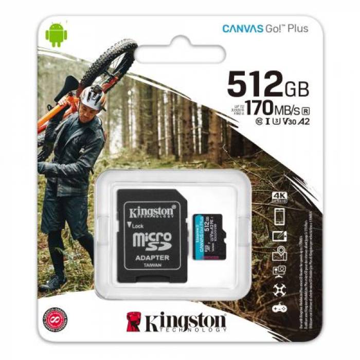 Memory Card microSDXC Kingston Canvas Go Plus 512GB, Class 10, UHS-I U3, V30, A2 + Adaptor SD