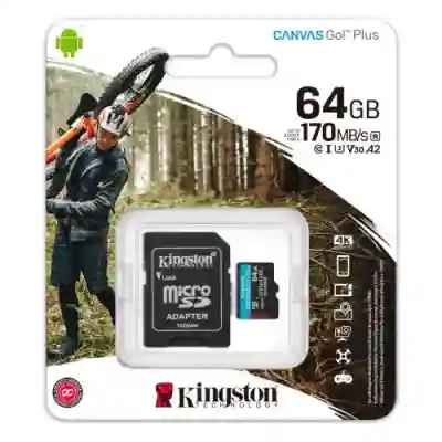 Memory Card microSDXC Kingston Canvas Go Plus 64GB, Class 10, UHS-I U3, V30, A2 + Adaptor SD