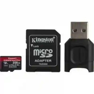 Memory Card microSDXC Kingston Canvas React Plus 256GB, Class 10, UHS-II U3, V90, A1 + Adaptor SD + USB card reader