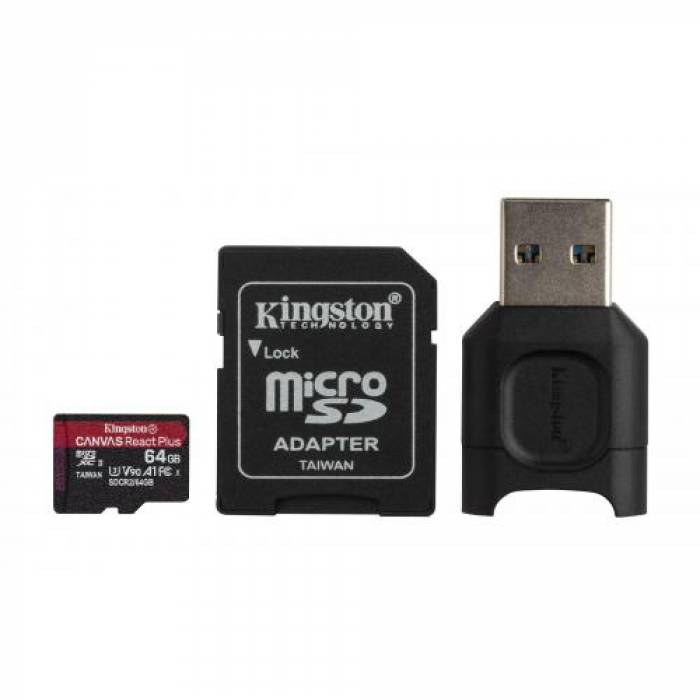Memory Card microSDXC Kingston Canvas React Plus 64GB, Class 10, UHS-II U3, V90, A1 + Adaptor SD + USB card reader