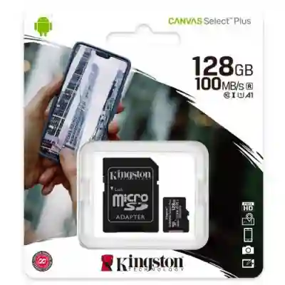 Memory Card microSDXC Kingston Canvas Select Plus 128GB, Class 10, UHS-I U1, V10, A1 + Adaptor SD