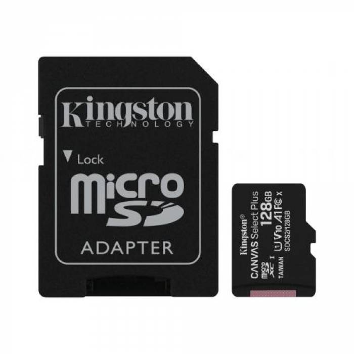 Memory Card microSDXC Kingston Canvas Select Plus 128GB, Class 10, UHS-I U1, V10, A1 + Adaptor SD