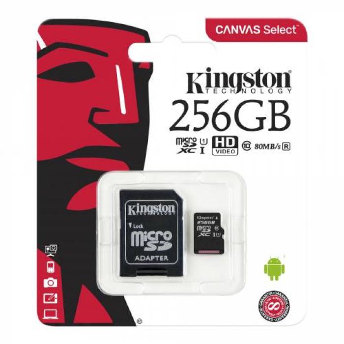 Memory Card microSDXC Kingston Canvas Select Plus 256GB, Class 10, UHS-I U3, V30, A1 + Adaptor SD