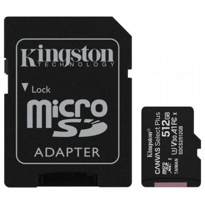 Memory Card microSDXC Kingston Canvas Select Plus 512GB, Class 10, UHS-I U3, V30, A1 + Adaptor SD