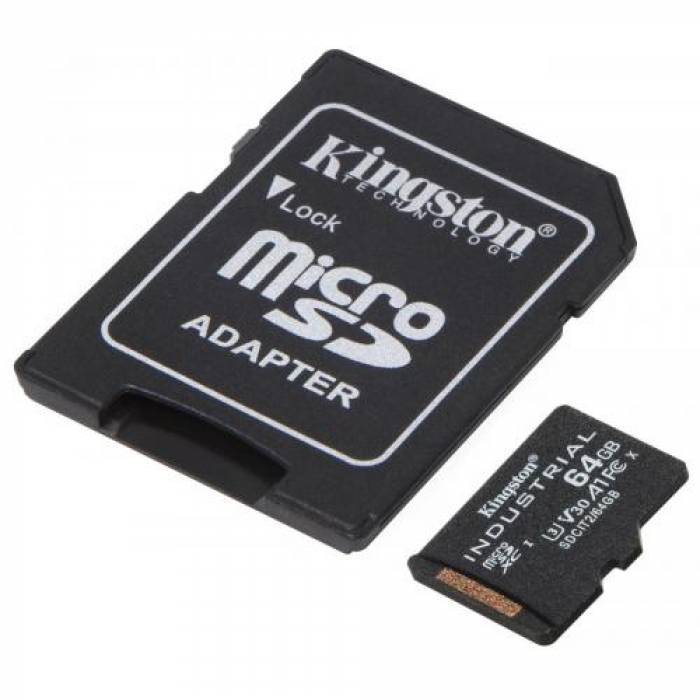Memory Card microSDXC Kingston Industrial 64GB, Class 10, UHS-I U3, V30, A1 + Adaptor SD