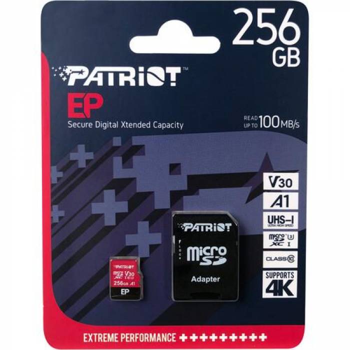 Memory Card microSDXC Patriot EP 256GB, Class 10, UHS-I U3, V30, A1 + Adaptor SD