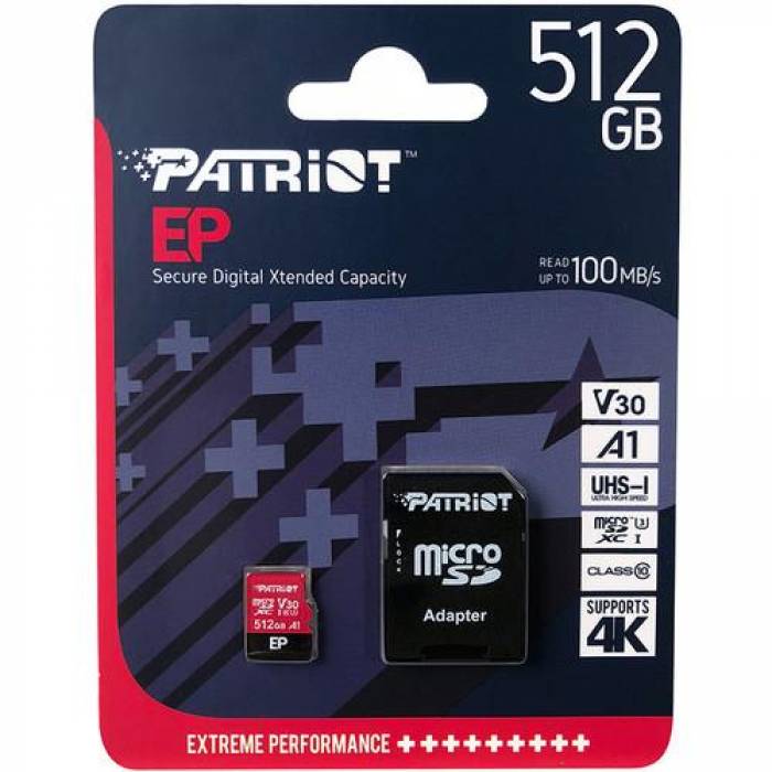 Memory Card microSDXC Patriot EP 512GB, Class 10, UHS-I U3, V30, A1 + Adaptor SD