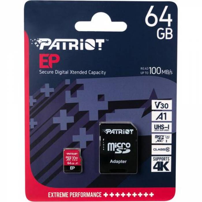 Memory Card microSDXC Patriot EP 64GB, Class 10, UHS-I U3, V30, A1 + Adaptor SD