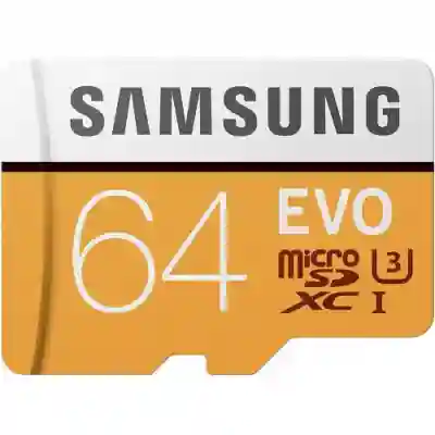 Memory Card microSDXC Samsung EVO 64GB, Class 10, UHS-I U3 + Adaptor SD