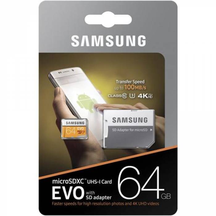 Memory Card microSDXC Samsung EVO 64GB, Class 10, UHS-I U3 + Adaptor SD