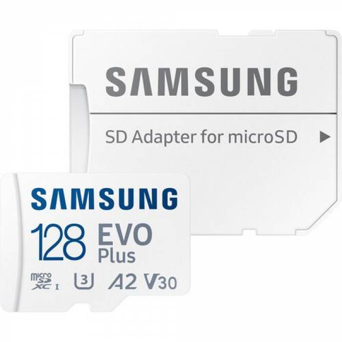 Memory Card microSDXC Samsung EVO Plus 128GB, Class 10, UHS-I U3, V30, A2 + Adaptor SD