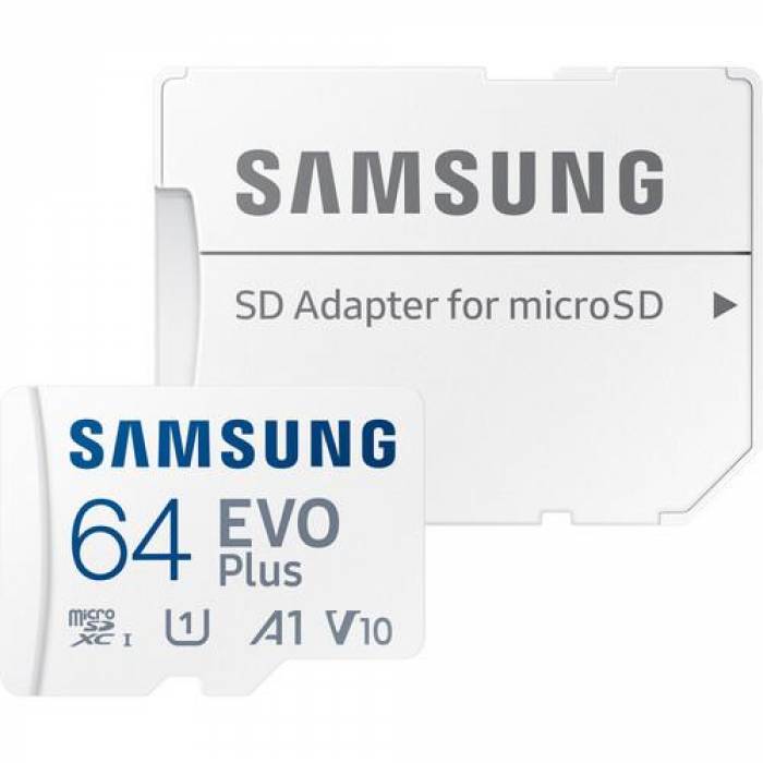 Memory Card microSDXC Samsung EVO Plus 64GB, Class 10, UHS-I U1, V10, A1 + Adaptor SD