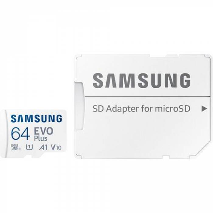 Memory Card microSDXC Samsung EVO Plus 64GB, Class 10, UHS-I U1, V10, A1 + Adaptor SD