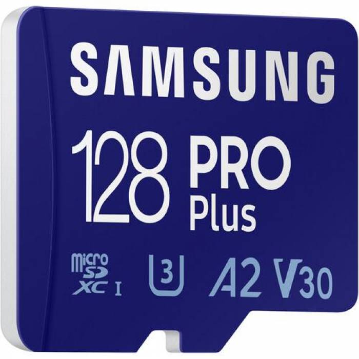 Memory Card microSDXC Samsung PRO Plus 128GB, Class 10, UHS-I U3, V30, A2 + Adaptor SD