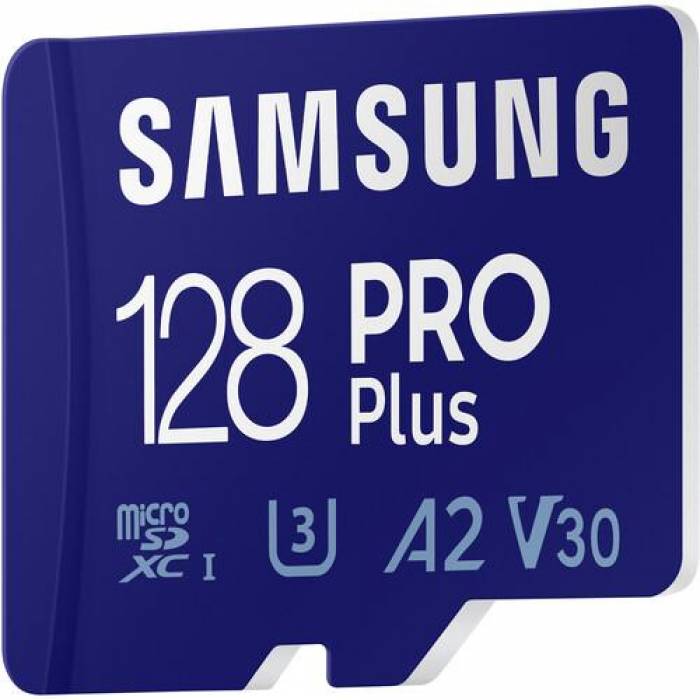 Memory Card microSDXC Samsung PRO Plus 128GB, Class 10, UHS-I U3, V30, A2 + Adaptor SD