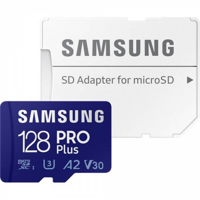 Memory Card microSDXC Samsung PRO Plus 128GB, Class 10, UHS-I U3, V30, A2 + Adaptor SD