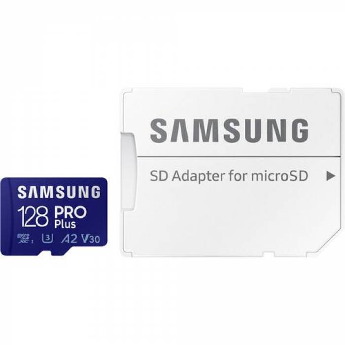 Memory Card microSDXC Samsung PRO Plus 128GB, Class 10, UHS-I U3, V30, A2 + Adaptor SD