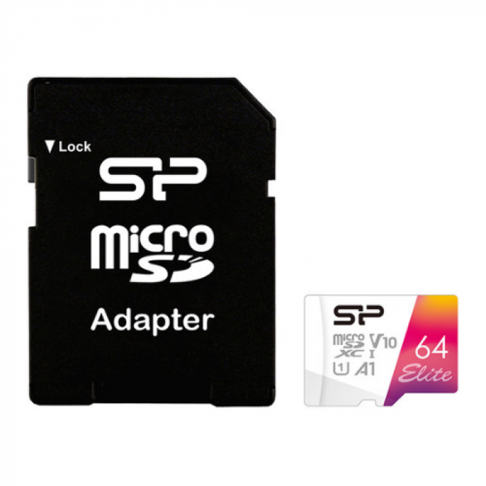 Memory Card microSDXC Silicon Power Elite 64GB, Class 10, UHS-I U1, V10, A1 + Adaptor SD