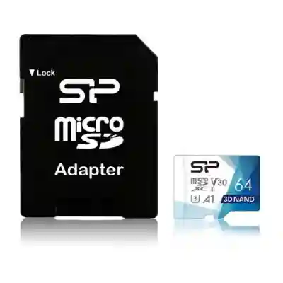 Memory Card microSDXC Silicon Power Superior Pro 64GB, Class 10, UHS-I U3, V30, A1 + Adaptor SD