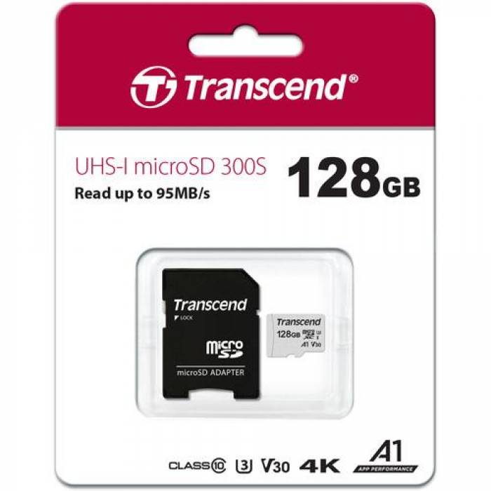 Memory Card microSDXC Transcend 300S 128GB, Class 10, UHS-I U3, V30, A1 + Adaptor SD