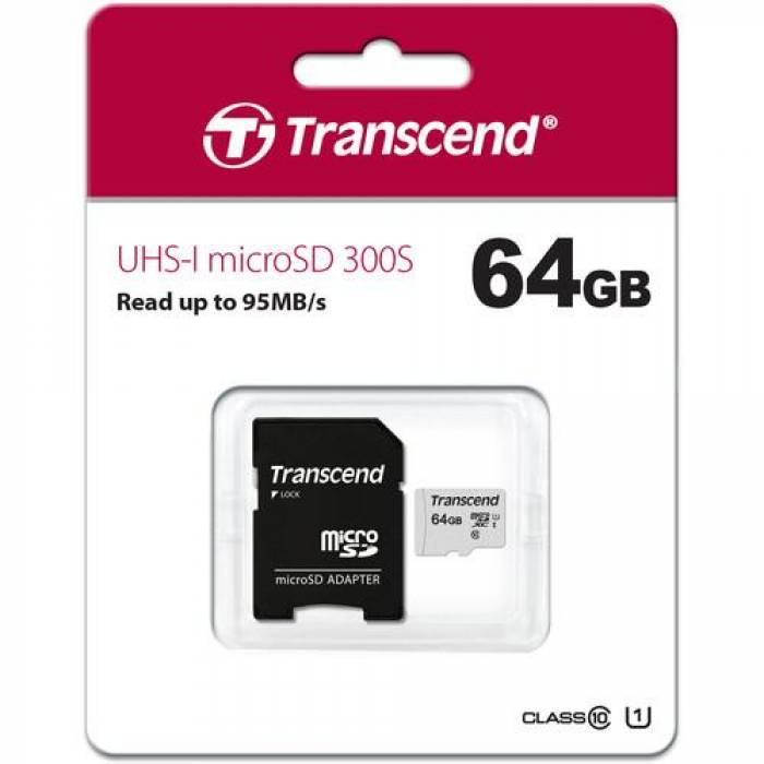 Memory Card microSDXC Transcend 300S 16GB, Class 10, UHS-I U1 + Adaptor SD