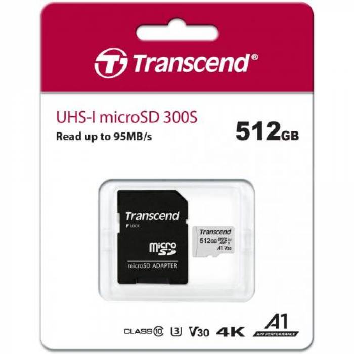 Memory Card microSDXC Transcend 300S 512GB, Class 10, UHS-I U3, V30, A1 + Adaptor SD