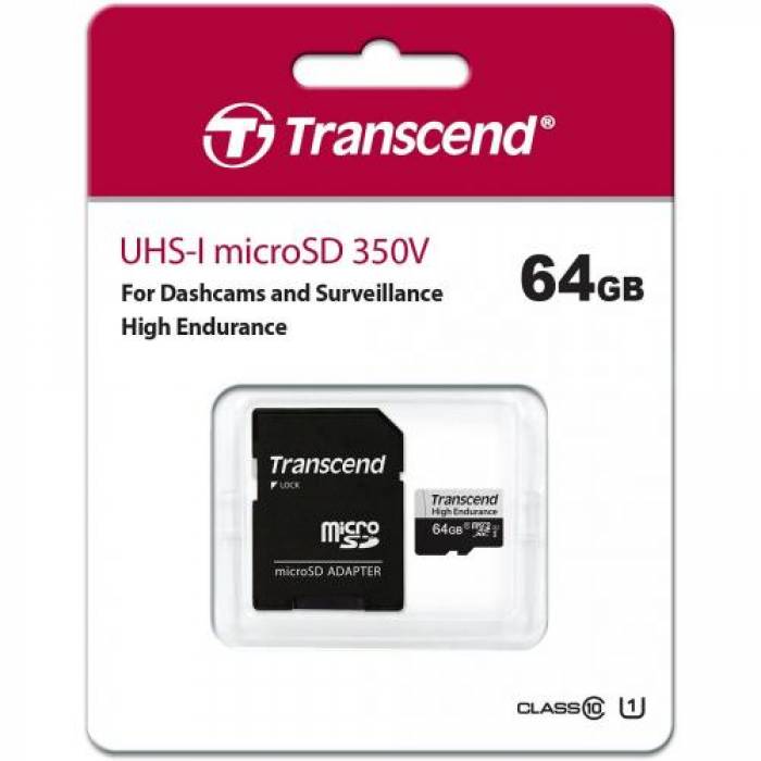Memory Card microSDXC Transcend 350V 64GB, Class 10, UHS-I U1 + Adaptor SD