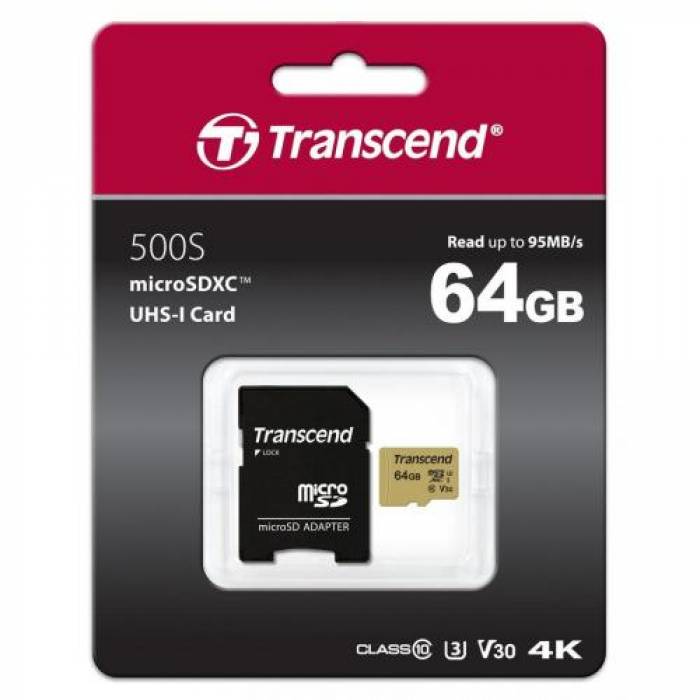 Memory Card microSDXC Transcend 500S 64GB, Class 10, UHS-I U3, V30 + Adaptor SD