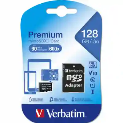 Memory Card microSDXC Verbatim Premium 128GB, Class 10, UHS-I U1, V10 + Adaptor SD
