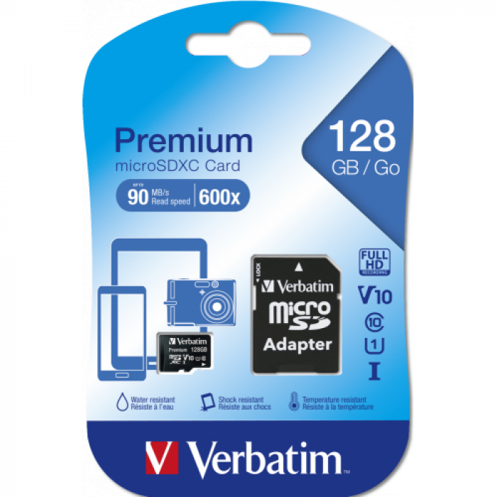 Memory Card microSDXC Verbatim Premium 128GB, Class 10, UHS-I U1, V10 + Adaptor SD