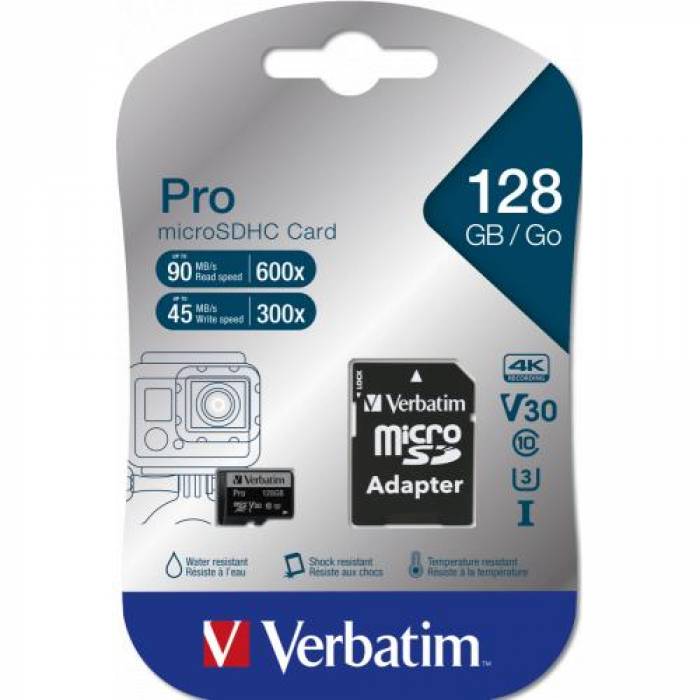 Memory Card microSDXC Verbatim Pro 128GB, Class 10, UHS-I U3, V30 + Adaptor SD