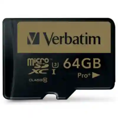 Memory Card microSDXC Verbatim Pro+ 64GB, Class 10, UHS-I U3, V30 + Adaptor SD