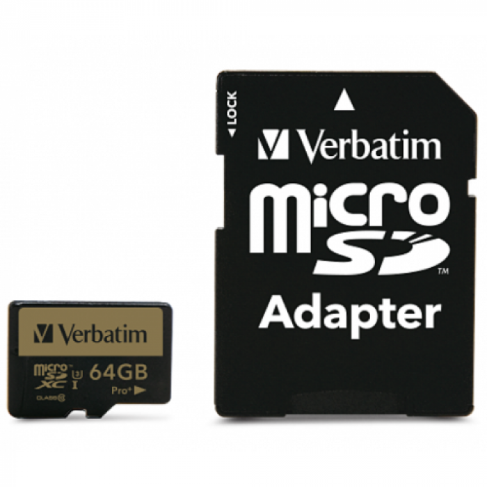 Memory Card microSDXC Verbatim Pro+ 64GB, Class 10, UHS-I U3, V30 + Adaptor SD