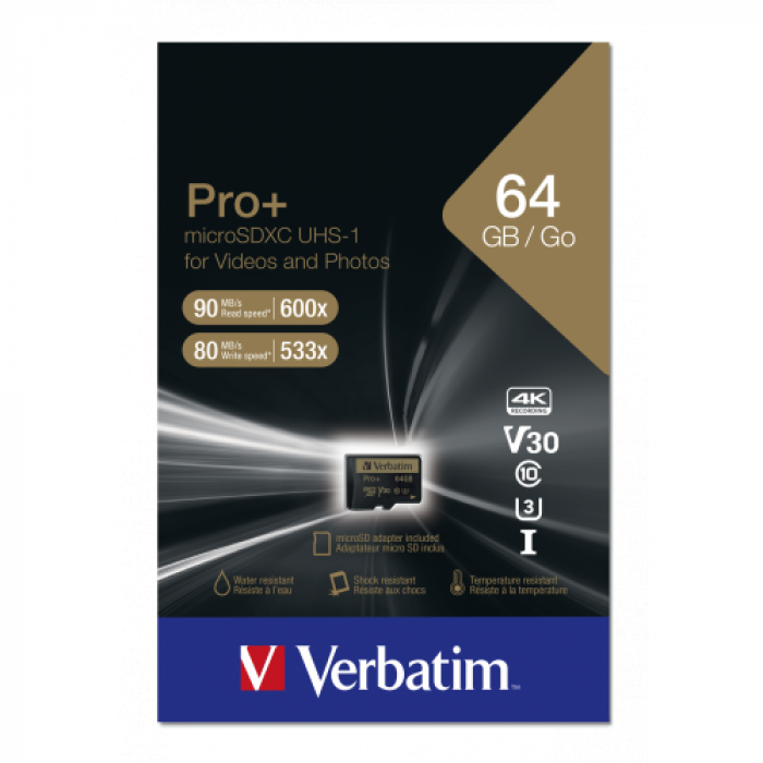 Memory Card microSDXC Verbatim Pro+ 64GB, Class 10, UHS-I U3, V30 + Adaptor SD