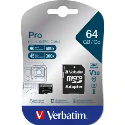 Memory Card microSDXC Verbatim Pro 64GB, Class 10, UHS-I U3, V30 + Adaptor SD